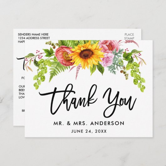 Borstelschrift Zonnebloem Bloemige Trouw Dank Je Briefkaart (Voorkant / Achterkant)