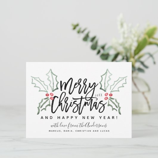 Borstelscript Christmas Hollies Feestdagenkaart (Staand voorkant)