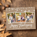 Borstelscript Kraft Lights 3 foto Thanksgiving Briefkaart<br><div class="desc">Rustieke Borstel Script 3 Foto Familie Kraft Happy Thanksgiving Kaart met String Lights</div>