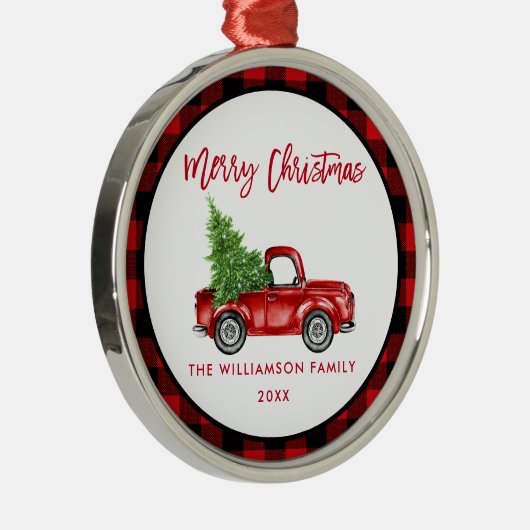 Borstelscript Rood geruite  Truck Rond Metalen Ornament (Rechts)