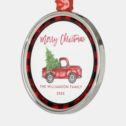 Borstelscript Rood geruite  Truck Rond Metalen Ornament (Links)