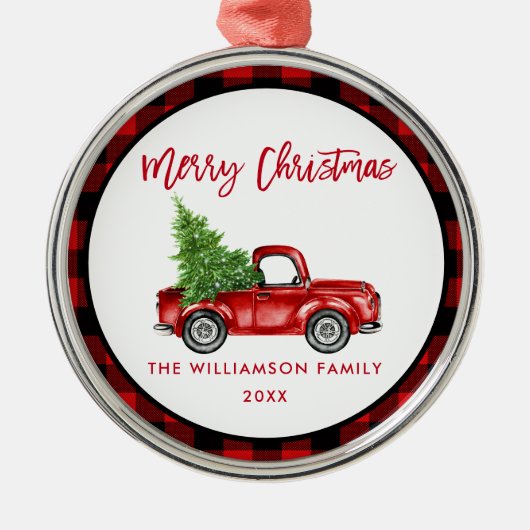 Borstelscript Rood geruite  Truck Rond Metalen Ornament (Voorkant)