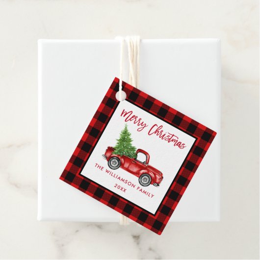 Borstelscript Rood Plaid Kerst  Rode Vrachtwagen Bedankjes Labels (In situ)