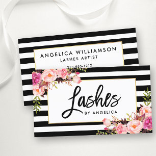 Borstelscript roze bloemenwimpers gestreept visitekaartje