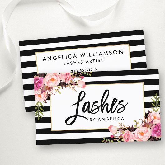Borstelscript roze bloemenwimpers gestreept visitekaartje