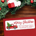 Borstelscript  Truck Christmas Red Etiket<br><div class="desc">Brush Script Waterverf  Rode Vrachtwagen met Kerstboom - Merry Christmas Family Return Address Label</div>