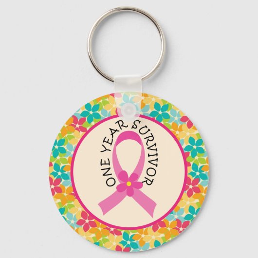 Borstkanker 1 jaar Survivor Ribbon Gift Sleutelhanger (Voorkant)