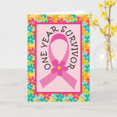 Borstkanker 1 jaar Survivor roze lint Kaart (Gele Bloem)