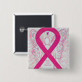 Borstkanker Angel Hot Pink Awareness Ribbon Pins Vierkante Button 5,1 Cm (Voorkant /achterkant)