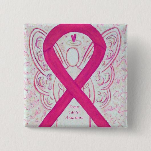 Borstkanker Angel Hot Pink Awareness Ribbon Pins Vierkante Button 5,1 Cm (Voorkant)