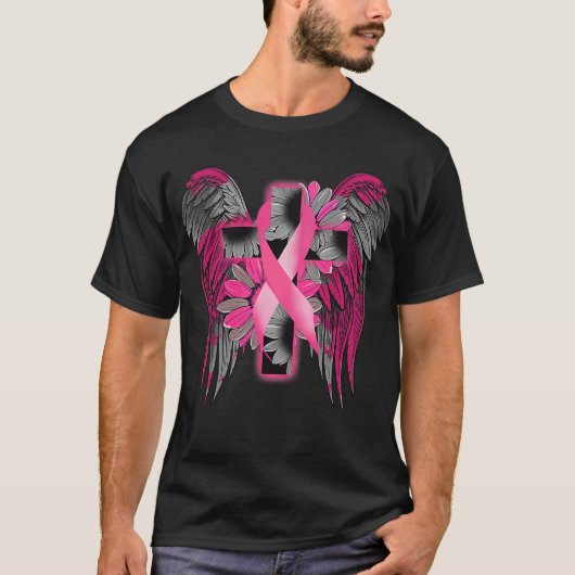 Borstkanker Awareness Angel Wing Flower Cross Pi T-shirt (Voorkant)