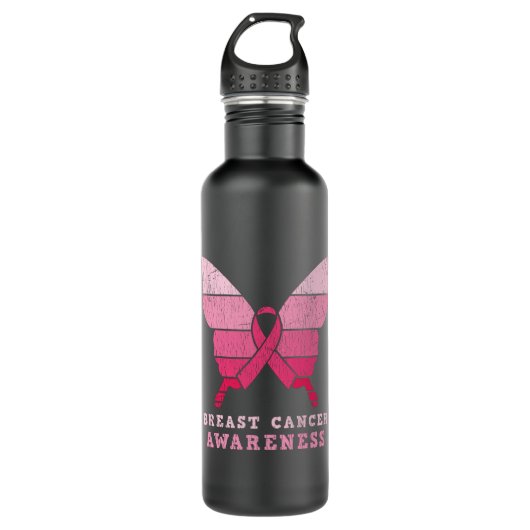 Borstkanker Awareness Pink Ribbon Butterfly Gift Waterfles (Voorkant)