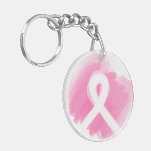 Borstkanker Awareness Ribbon Waterverf Sleutelhanger (Voorkant Links)