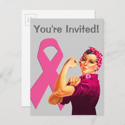 Borstkanker Awareness Rosie the Riveter Uitnodiging Briefkaart (Voorkant / Achterkant)