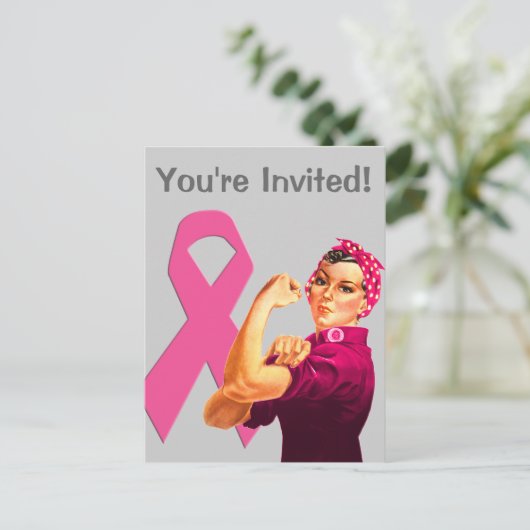 Borstkanker Awareness Rosie the Riveter Uitnodiging Briefkaart (Staand voorkant)