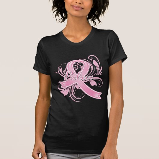 Borstkanker Believe Flourish Ribbon T-shirt (Voorkant)