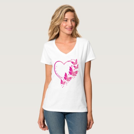 Borstkanker - Bewustmaking Roze Butterfly Heart T-shirt (Voorkant volledig)
