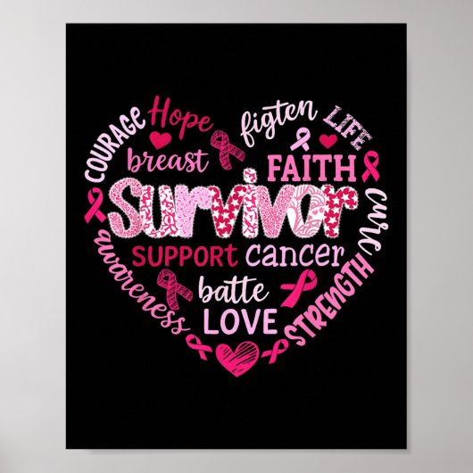 Borstkanker Bewustmaking Roze Ribbon Heart Survivo Poster (Voorkant)