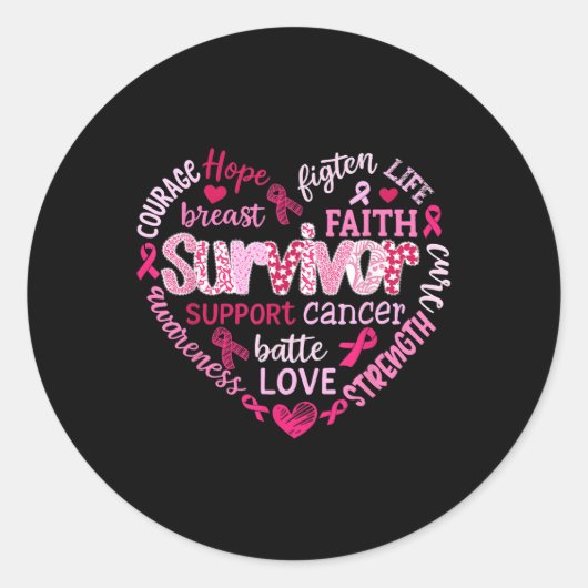 Borstkanker Bewustmaking Roze Ribbon Heart Survivo Ronde Sticker (Voorkant)