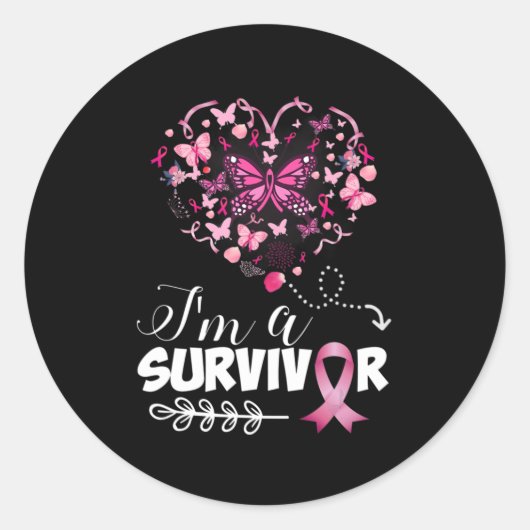 Borstkanker Bewustmakingsroze vlinderhart Ik ben e Ronde Sticker (Voorkant)