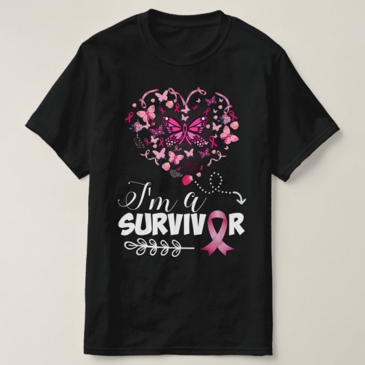 Borstkanker Bewustmakingsroze vlinderhart Ik ben e T-shirt (Design voorkant)