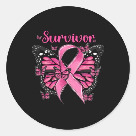 Borstkanker Bewustzijn Roze Vlinders Overlevende Ronde Sticker (Voorkant)