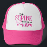 Borstkanker bewustzijn roze voor mijn zus trucker pet<br><div class="desc">Dit borstkanker bewustzijnsontwerp bevat de tekst "de roze is voor mijn zus" in moderne zwart-roze typografie met een roze lint. #breastcancer #breastcancerawareness #cancer #awareness #pinkribbon #sister #october #modern #stylish #mode #fashionable #style #chic #clothing #apparel #design #designer #trendy #trending #pet pet #hairaccessories #accessoires</div>