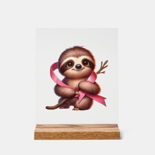 Borstkanker Bewustzijn Schattige Luiaard Roze Lint Acryl Bord