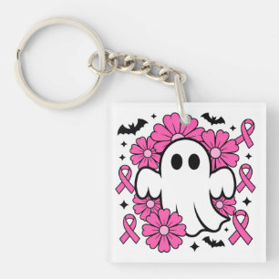 Borstkanker Bewustzijn Spook met Roze Bloemen Sleutelhanger
