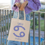 borstkanker Gepersonaliseerde verjaardag Tote Bag<br><div class="desc">Deze ,  gepersonaliseerde paarse en lavender Cancer canvas tas kenmerkt uw astrologische teken van de Zodiac in een prachtige glans zoals de constellaties. Pas dit schattige geschenk met jouw naam in prachtig krullend manuscript voor iemand met een late verjaardag van Juni of vroege van Juli aan.</div>