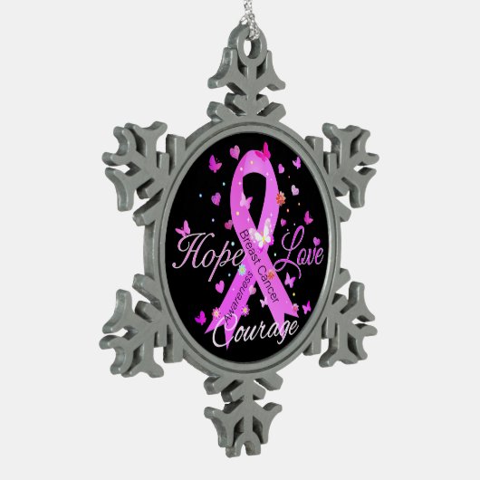 Borstkanker hoop liefde moed tin sneeuwvlok ornament (Links)