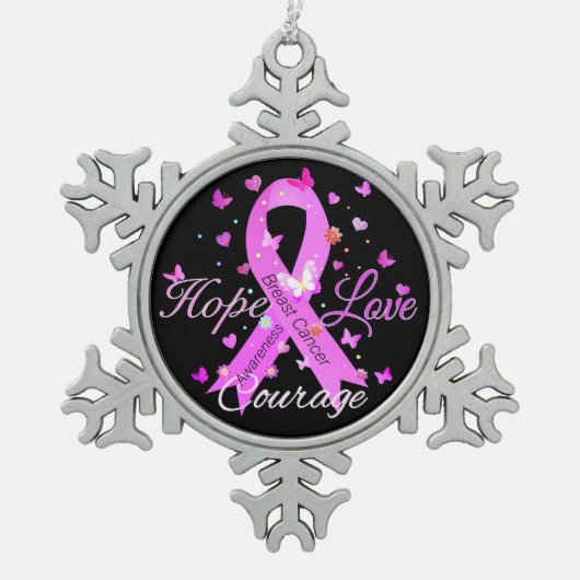 Borstkanker hoop liefde moed tin sneeuwvlok ornament (Voorkant)
