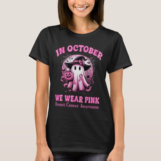 Borstkanker In oktober Draag we Pink Witch Ghost T-shirt (Voorkant)