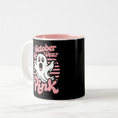 Borstkanker is Boo Sheet - Grappige Halloween Ghos Tweekleurige Koffiemok (Voorkant links)