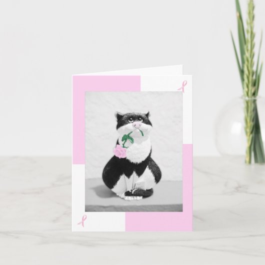 Borstkanker Kaart Cat & Pink Rose; Roze linten (Voorkant)