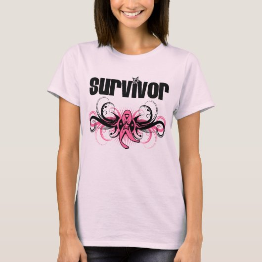 Borstkanker Overlevingskans Grunge Winged Embleem T-shirt (Voorkant)