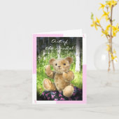 Borstkanker Remissie—Teddy Bear—Roze linten Kaart (Gele Bloem)