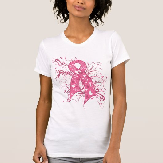 Borstkanker Roze Floral Ribbon Swirl T-shirt (Voorkant)