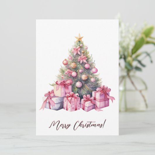 Borstkanker Roze Kerstboom Waterverf Kunst Feestdagenkaart (Staand voorkant)