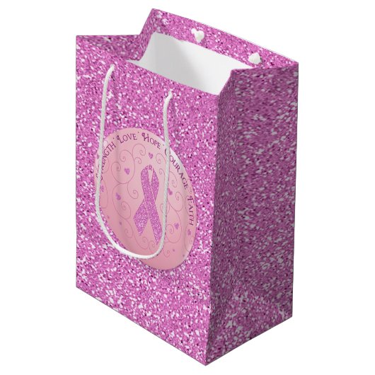 Borstkanker Roze lint Glitter Gift Bag Medium Cadeauzakje (Voorkant Gekanteld)
