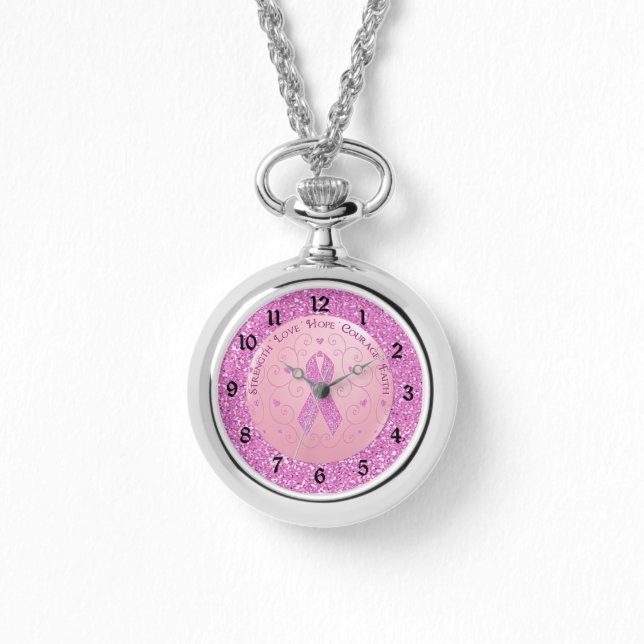 Borstkanker Roze lint Glitter Horloge (Voorkant)