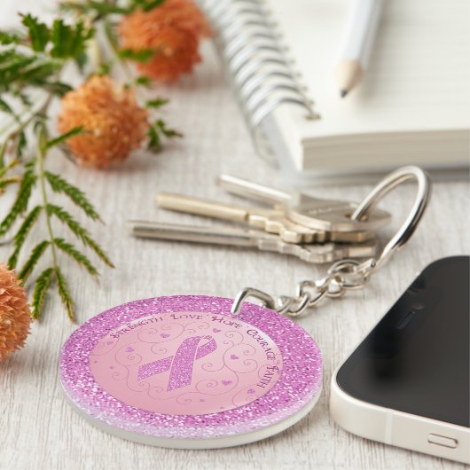 Borstkanker Roze lint Glitter Rond Sleutelhanger (Voorkant Rechts)
