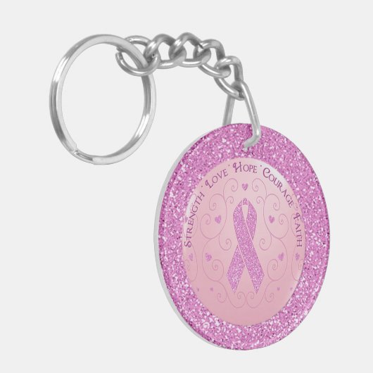 Borstkanker Roze lint Glitter Rond Sleutelhanger (Voorkant Links)