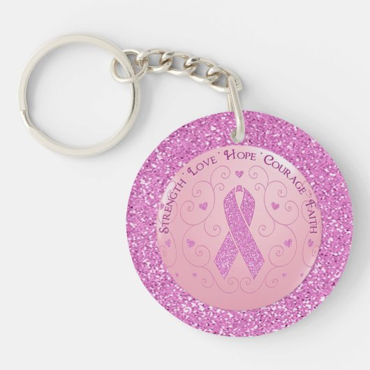 Borstkanker Roze lint Glitter Rond Sleutelhanger (Voorkant)