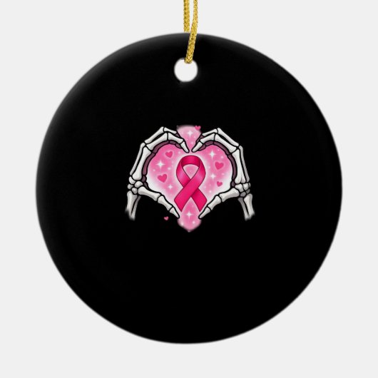 Borstkanker Skelet Hand Heart Sign Ribbon Award Keramisch Ornament (Voorkant)