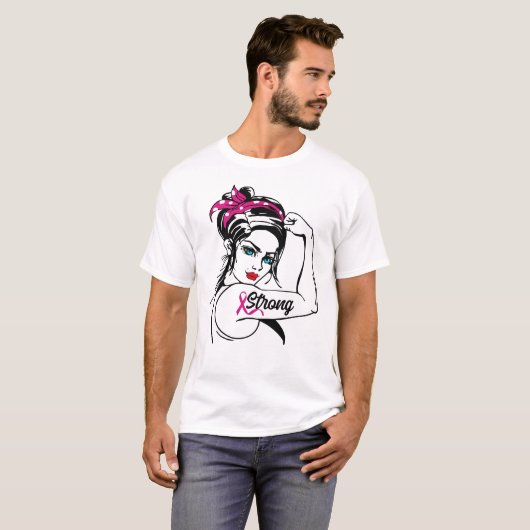 Borstkanker sterk Rosie de riveter roze lint T-shirt (Voorkant volledig)