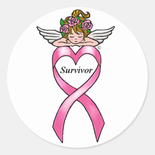 Borstkanker "Survivor" Angel Ronde Sticker (Voorkant)