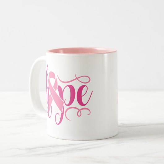 Borstkankerbewustzijn Hoop Roze Modern Script Tweekleurige Koffiemok (Voorkant links)