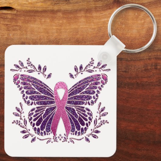 Borstkankerbewustzijn vlinder bloemgrens sleutelhanger (Achterkant)