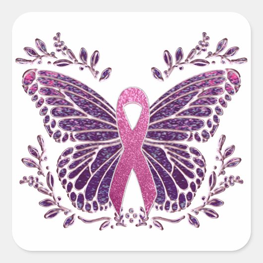 Borstkankerbewustzijn vlinder bloemgrens vierkante sticker (Voorkant)